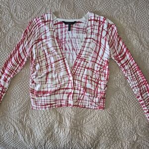 Women's Red and White Plaid Cardigan
